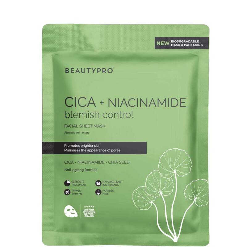 BeautyPro CICA + NIACINAMIDE Facial Sheet Mask – 100% Biodegradable
