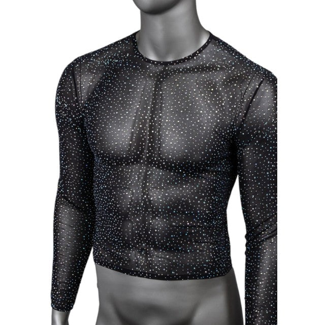 Bluză sexy bărbați CALEXOTICS Radiance Long Sleeve Shirt, design din plasă cu strasuri, negru, mărime universală (20-3)