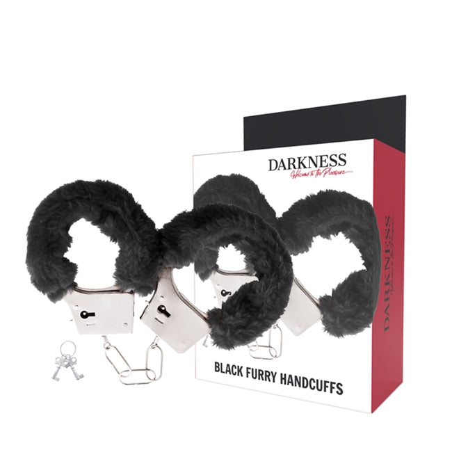 Cătușe erotice DARKNESS – BLACK FURRY cu puf negru pentru purtare confortabilă