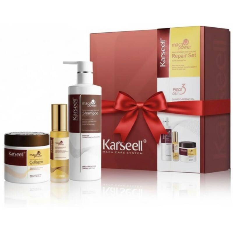 Cutie Set Premium Karseell Collagen AMBALAT CU FUNDITA – Mască Hidratantă, Șampon Revitalizant și Ulei de Argan – Reparare Profundă a Firului de Păr
