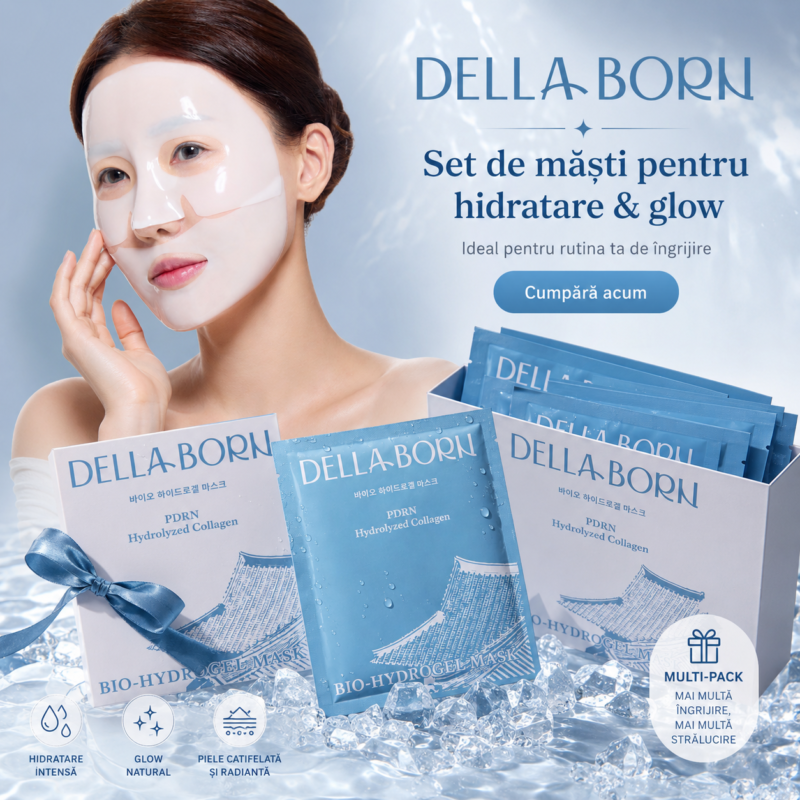 DELLA BORN – Mască Coreeană Bio Hydrogel cu PDRN 1 Box (5 buc) 3-5 ore folosire | Hidratare Intensivă, Elasticitate și Efect Glow, Anti-Rid (K-Beauty)