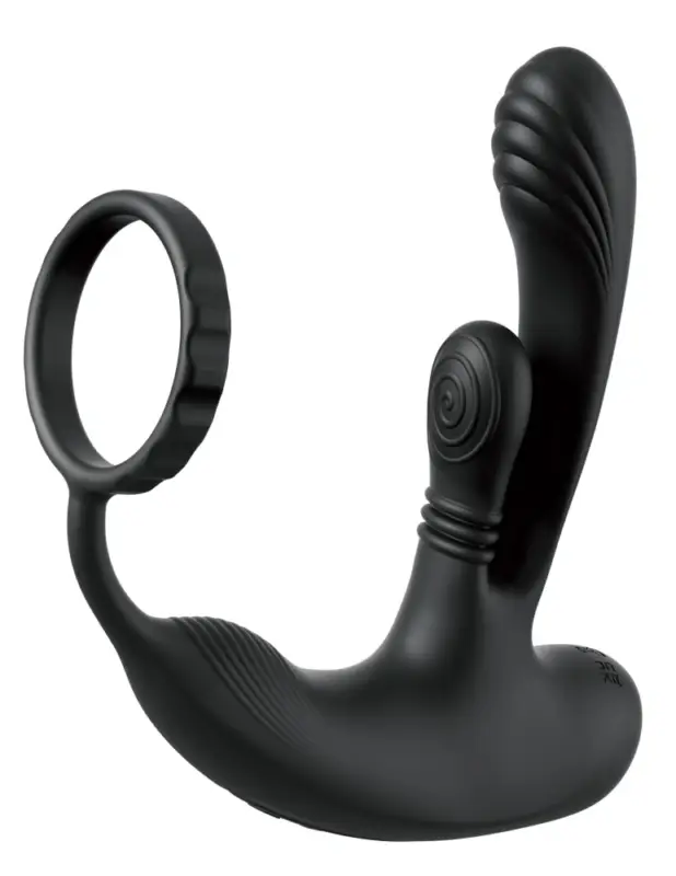 Inel de Penis cu Stimulator Ass-Gasm IntiMotion, Remote Control 4 Motoare Puternice, Functii Multiple, Silicon, USB, Negru, 15.9 cm
