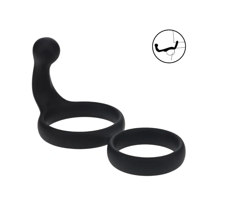 Inel Dublu de Penis cu Stimulator Anal, Silicon, Negru, 13.7 cm