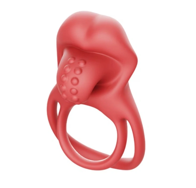 Inel Dublu de Penis Sexy Tongue, 10 Moduri Vibratii, Silicon, Rosu, Guilty Toys
