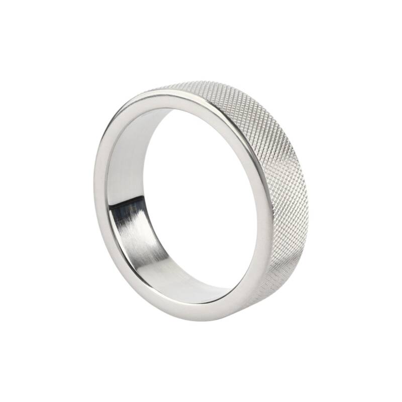 Inel pentru penis MR. STEEL CrissCross C-Ring, cu design geometric, din oțel inoxidabil, diametru 5 cm (mediu), argintiu