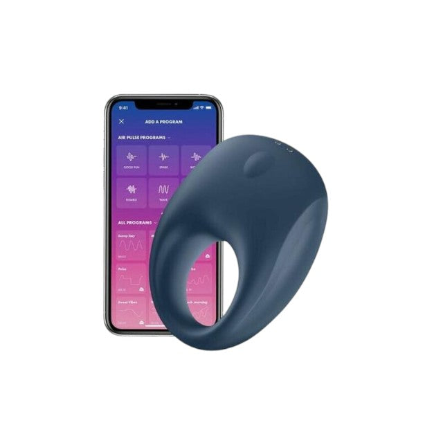 Inel vibrator SATISFYER – Strong One, control prin aplicatie, pentru stimularea erectiei, albastru