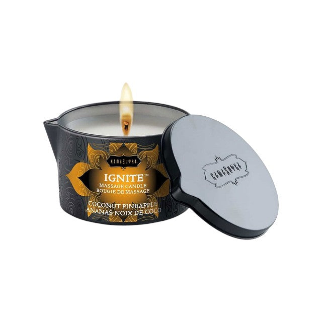 Lumânare pentru masaj KAMASUTRA Ignite Coconut Pineapple, cu unt de shea, aromă de cocos și ananas, 170 gr