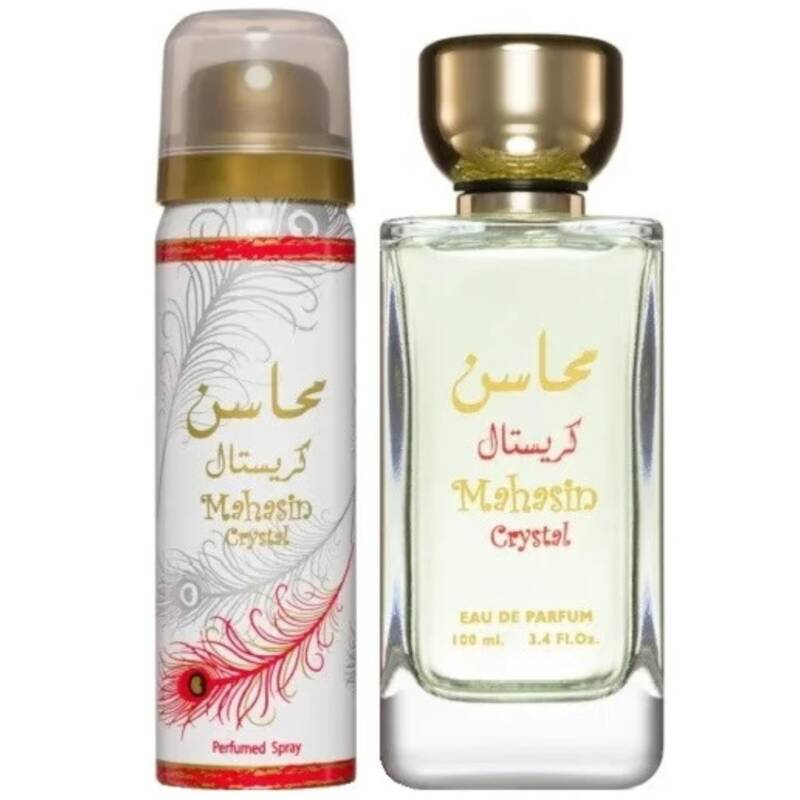 Mahasin Crystal Lattafa 100 ml, apa de parfum + 50 ml deodorant spray, femei