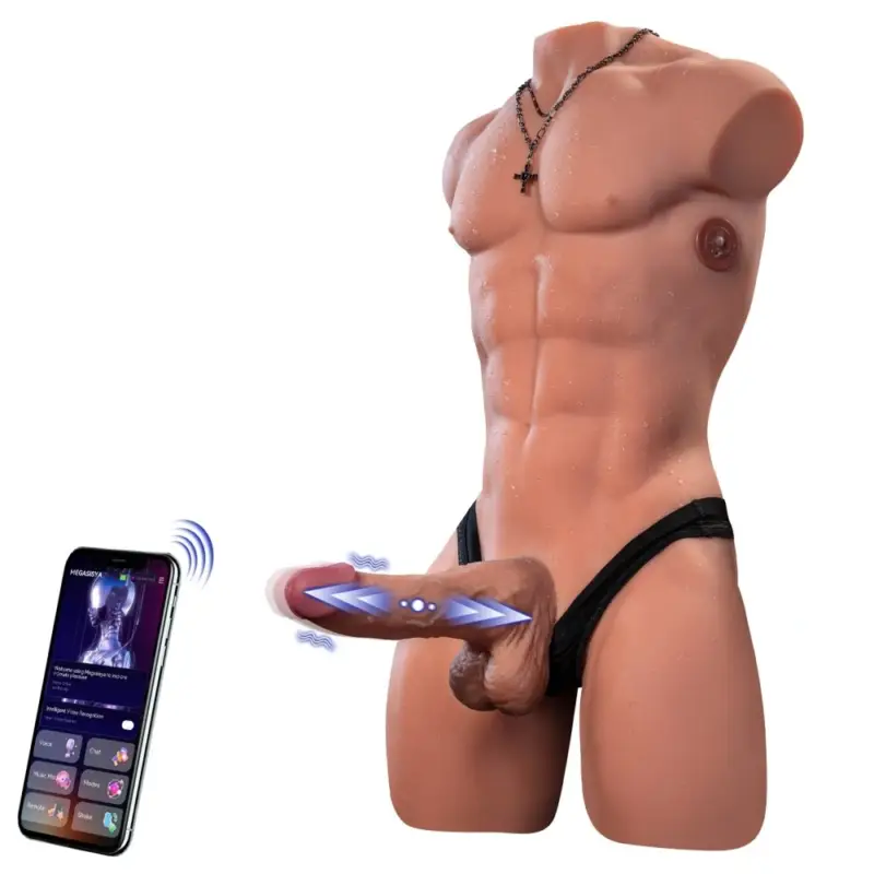 Masturbator Henry cu Penis si Anus, Control prin Aplicatie Mobila, 7 Moduri Vibratii si Impingere, USB Magnetic, Natural, 14.9 kg