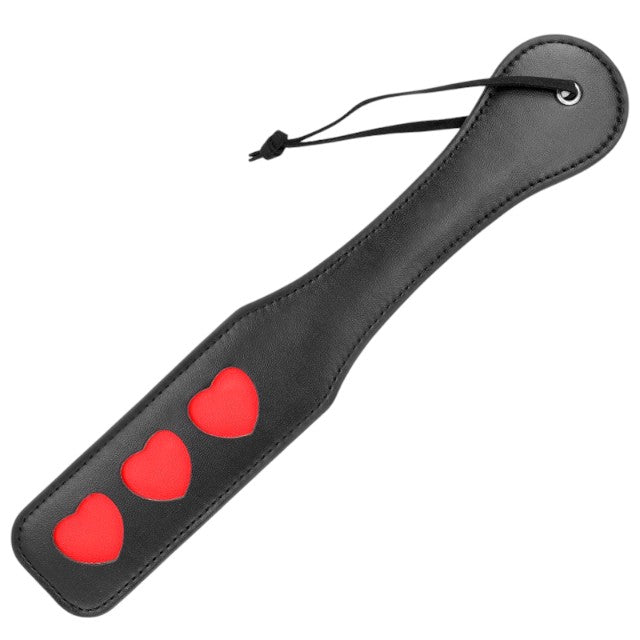 Paleta KINK – HEART, pentru jocuri erotice BDSM, din piele cu inimioare, negru/rosu, 32 X 6 CM