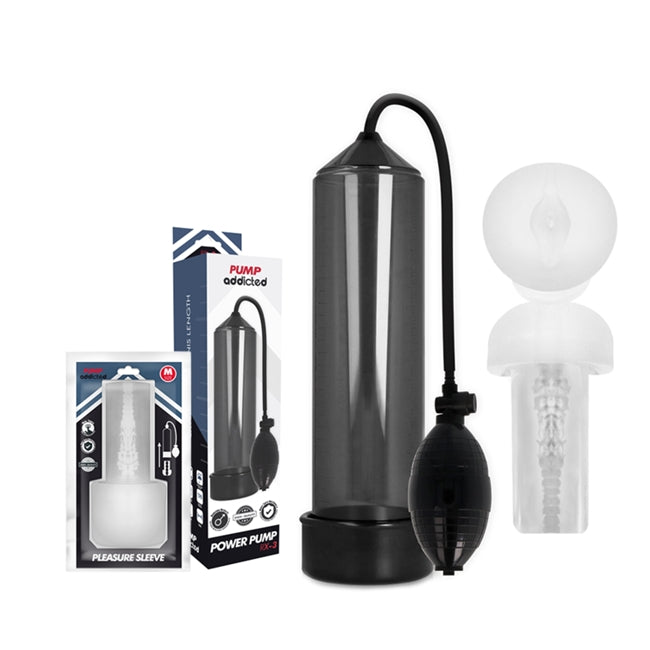 Pompa manuala PUMP ADDICTED – Power RX3 BLACK,  pentru marirea penisului si imbunatatirea performantelor sexuale, ajustabila, cu masturbator, culoare neagra, 23 cm