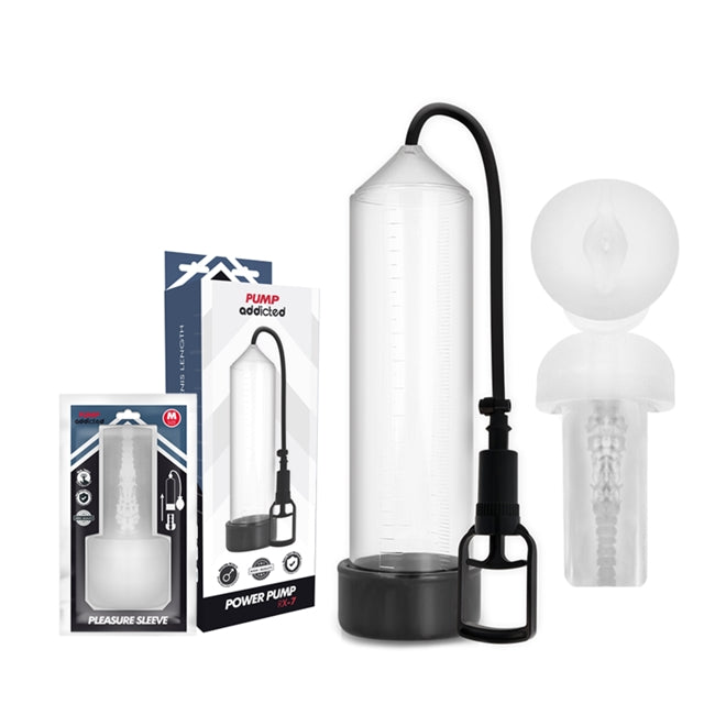 Pompa manuala PUMP ADDICTED – Power RX7, pentru marire penis si imbunatatire performante sexuale, cu masturbator, transparenta, 24 cm