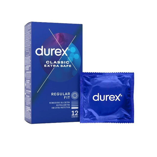 Prezervative clasice Durex Classic Extra Safe, lubrifiate si rezistente, 56 mm, 1 cutie x 12 buc