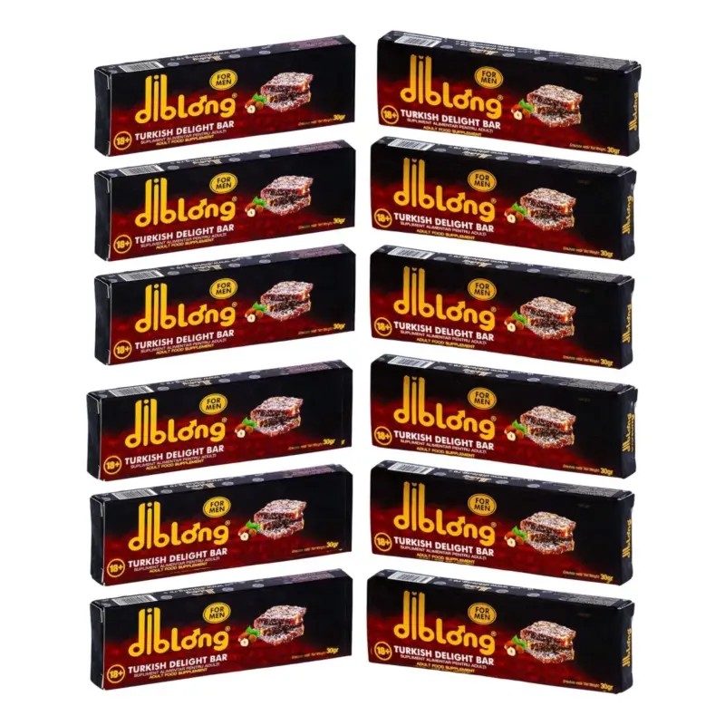 Set 12 bucati-Supliment alimentar  DIBLONG Turkish Delight Bar pentru barbati pe baza de rahat turcesc, cu plante care sustin sanatatea sexuala si functia de reproducere, 12x30g