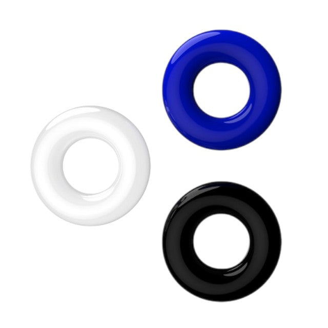 Set 3 inele pentru penis LOVING JOY Doughnut Cock Rings, din TPR, diametru 1.6 cm, culori albastru, alb și negru