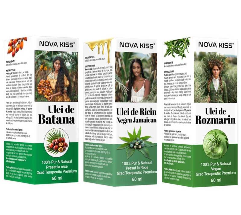 SET 3 ULEIURI ESENTIALE PREMIUM BATANA, RICIN, ROZMARIN NOVA KISS  PENTRU CRESTEREA PARULUI SI INGRIJIREA TENULUI