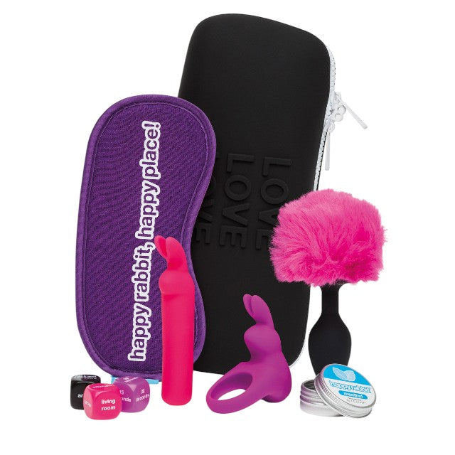Set 7 jucării HAPPY RABBIT Couple’s Pleasure Kit, pentru jocuri erotice, cu vibrator bullet și inel pentru penis, geantă de călătorie inclusă