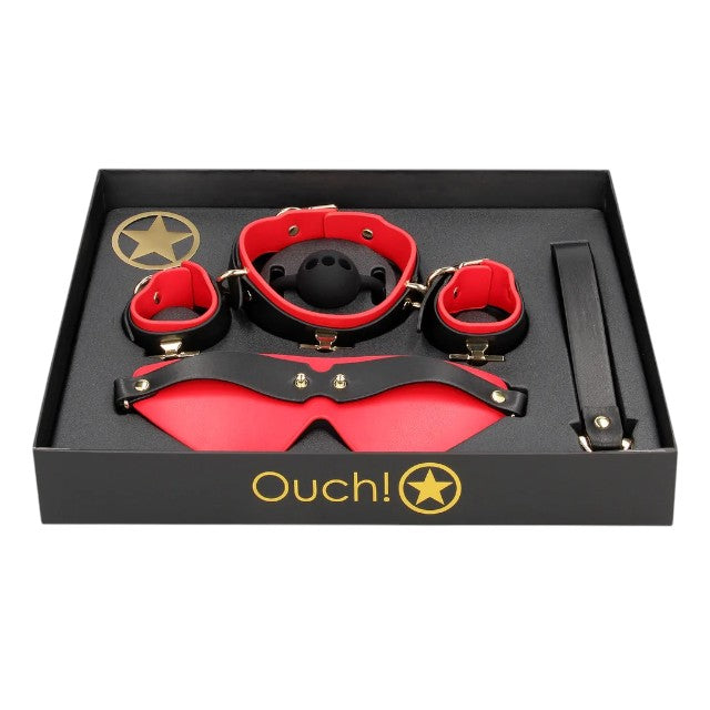 Set bondage OUCH! Sample Box – Milan Collection, pentru jocuri erotice BDSM, cu mască, cătușe, căluș și zgardă, culoare roșu cu negru