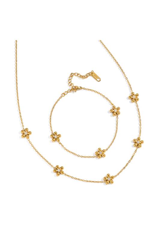 Set colier și brățară cu elemente florale, placate cu aur 18K – Auriu / Default