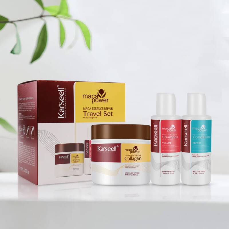 Set de Călătorie Karseell Maca Essence pentru Repararea Părului – Șampon, Balsam și Mască cu Colagen pentru Hidratare și Volum