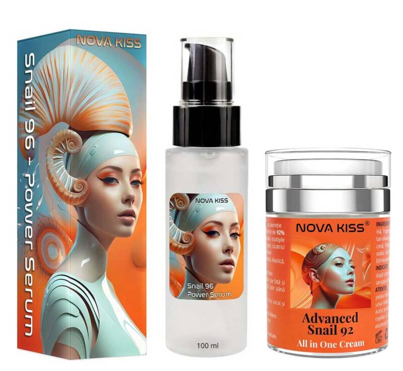 SET FACIAL PREMIUM CU SECRETIE FILTRATA DE MELC NOVA KISS , CONCENTRATIE MUCINA DE MELC SER 96% SI CREMA 92%