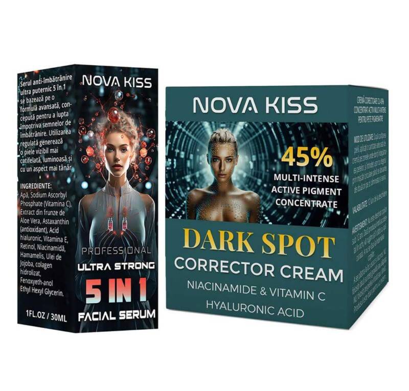 SET FACIAL PROFESIONAL ANTI PETE PIGMENTARE NOVA KISS , SER SI CREMA CU 45% CONCENTRAT ACTIV, FORMULA ULTRA PUTERNICA