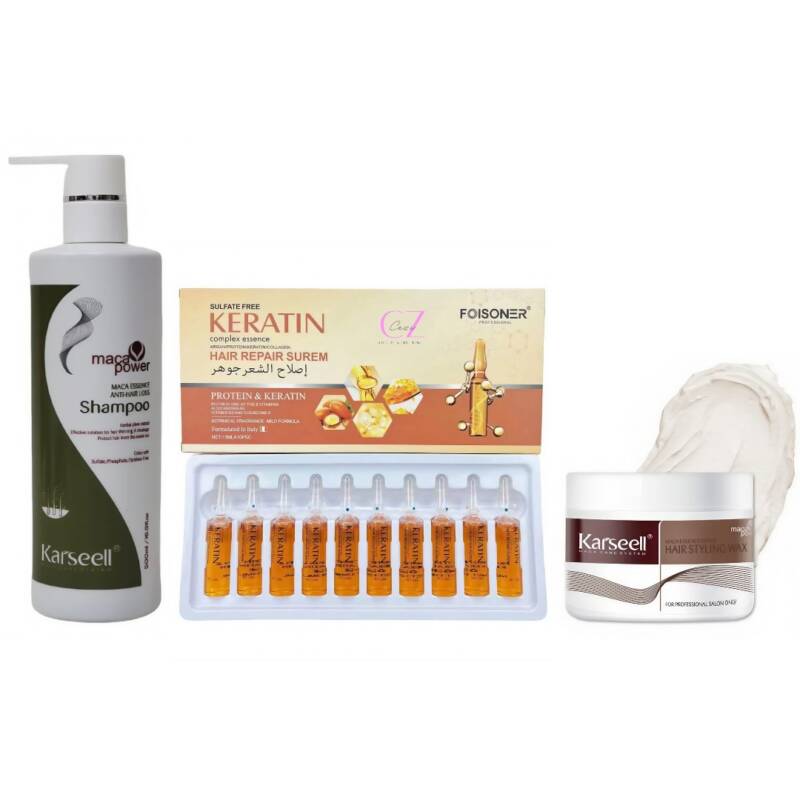 Set Îngrijire Completă pentru Bărbați Karseell – Șampon Anti-Cădere 500ml + Ulei Premium de Reparare a Părului 10 x Fiole + Ceară de Păr pentru Fixare și Strălucire 100g