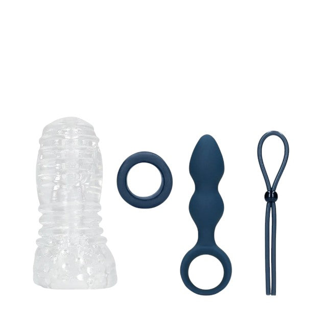 Set LOVELINE (S)Explore Toy Kit For Him, cutie cadou cu inel de penis, plug anal, masturbator și curea pentru testicule, albastru