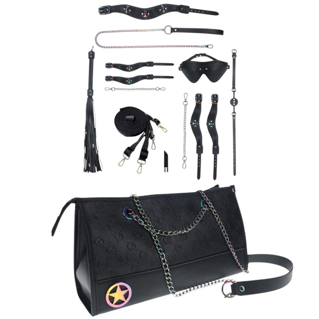 Set OUCH! Kit with Bag – Venice Collection, 9 produse pentru jocuri BDSM, cu cătușe, mască, lesă, căluș, bici și geantă, negru