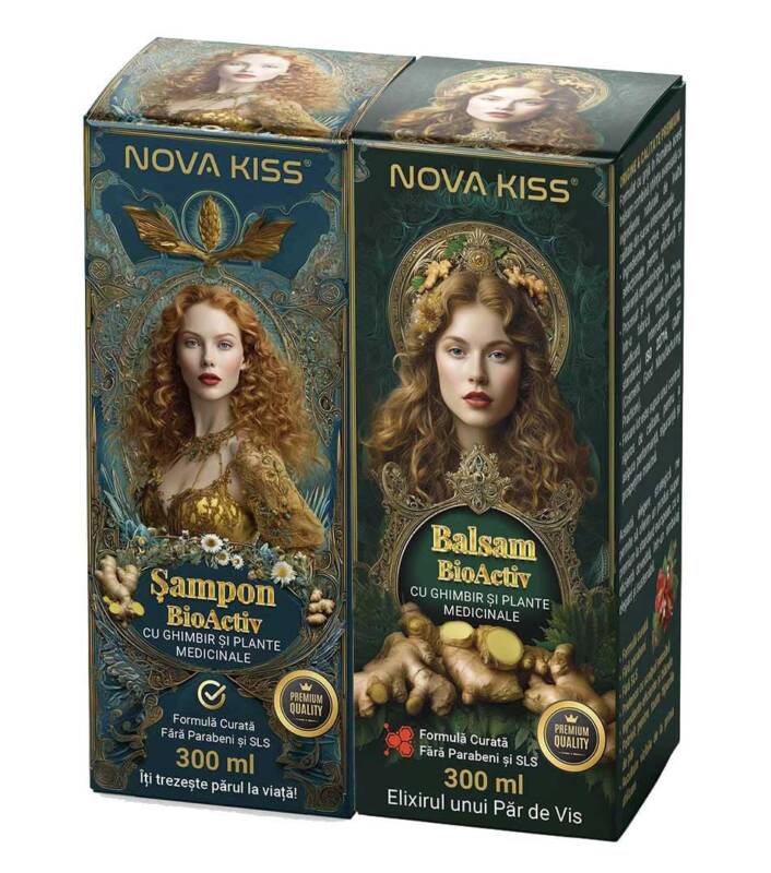 Set pentru Ingrijirea Parului cu Ghimbir, Sampon si Balsam Premium NOVA KISS , 2 x 300 ml