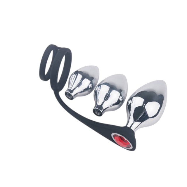Set plug anal TOYZ4LOVERS Elys Pleasure Bully, 3 dopuri anale cu inel detașabil pentru penis, lungimi 5 – 6.9 cm, argintiu cu negru