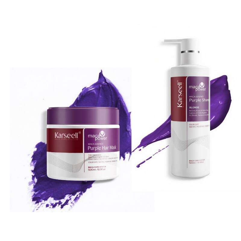Set Profesional Karseell: Mască Tratament & Șampon Mov Violet – Neutralizează Tonurile Galbene și Portocalii, Hidratează și Repară Părul Blond, Gri sau Decolorat – 2x500ml