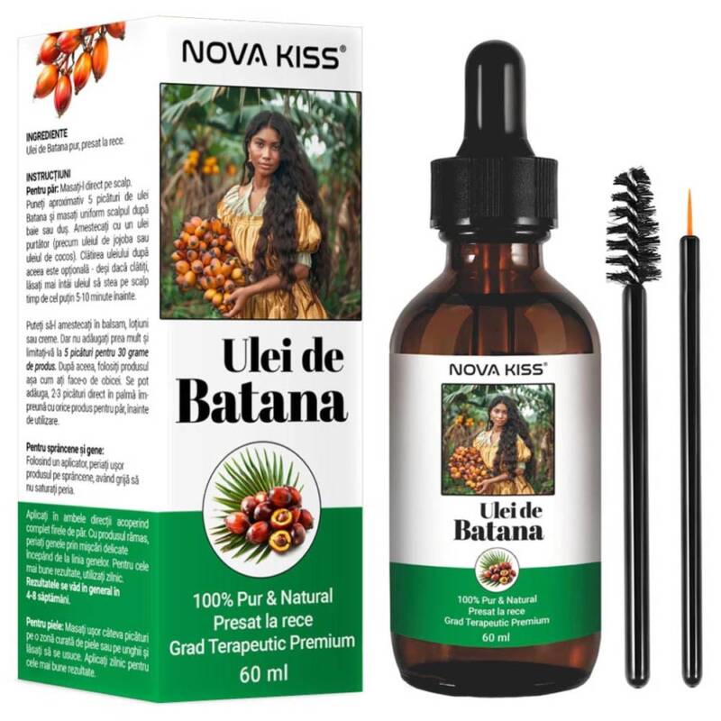 ULEI DE BATANA PREMIUM 100% NATURAL  PUR NOVA KISS  PENTRU CRESTEREA PARULUI, TRATAREA SCALPULUI SI PIELII, 60 ML