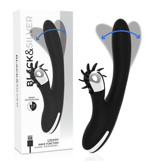 Vibrator cu rotatie BLACK&SILVER – BUNNY GRIMM WAVE, soft silicon, negru, 7 moduri de stimulare a clitorisului