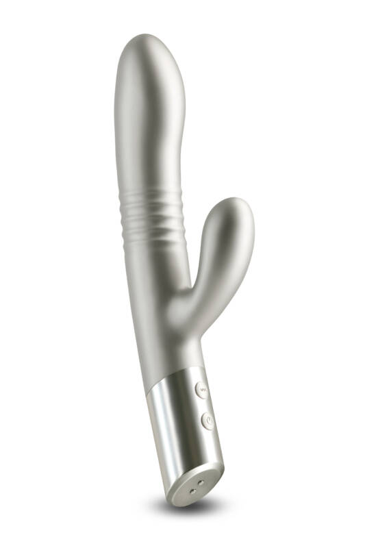 Vibrator Iepuras Royals Grace, Vibrating&Thrusting, 20 Functii Stimulatoare, Silicon, USB, Champagne, 24.3 cm