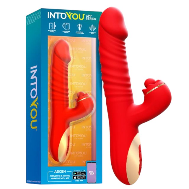 Vibrator INTOYOU APP – Ascen, control prin aplicatie, 10 functii de vibratie interna si clitoridiana, 24.8 cm x 3.5 cm, rosu