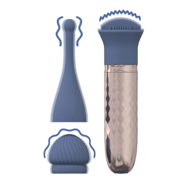 Vibrator LOVELINE The Thrill, cu 3 capete interschimbabile, din silicon premium, 10 funcții de vibrație, culoare albastru